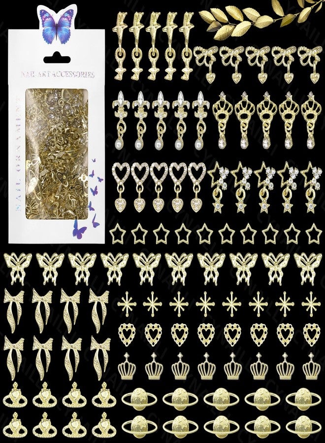 Cynailli 110 Pcs Dangle Star Gold Nail Charms and Gems, 3D Star Heart Bows Dangle Nail Rhinestones Charms, Butterfly Crown Planet Charms for Alloy Nails Art Jewels DIY Design Accessories - Image 1